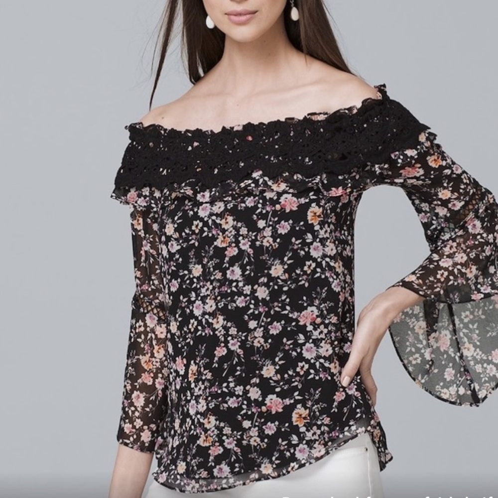 White House Black Market floral and lace off shoulder bell sleeve top